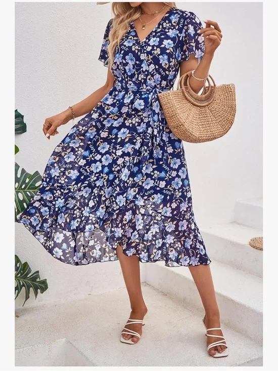 Blue Floral Wrap Midi Dress with Self-Tie Waist - Picture 2 of 8